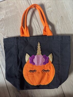 Kids Black Halloween Unicorn Pumpkin Tote with Orange Handles